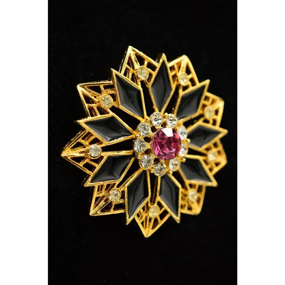 Vintage Crystal Flower Pin Brooch Gold Black Enamel Pink Rhinestone 1980s BinJ